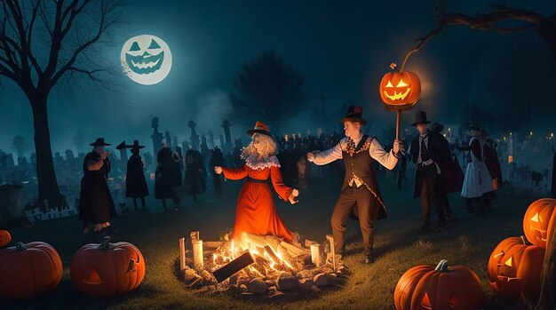 Een feestelijke Halloween-viering op een kerkhof met een vreugdevuur en gekostumeerde gasten die eromheen dansen