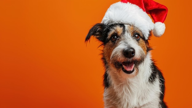 Een feestelijke harige vriend Een schattige hond siert een kerstmanhoed Die vreugde verspreidt op een levendig oranje doek