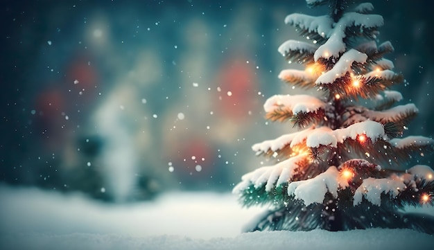 Een feestelijke kerstboom met kleurrijke lichtjes in een besneeuwd landschap gemaakt met generatieve AI-technologie