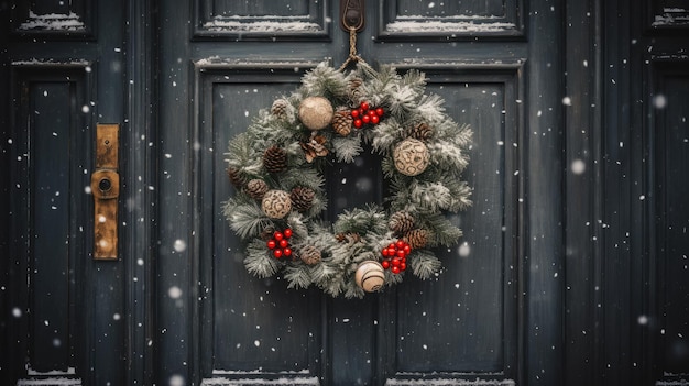 Een feestelijke krans die aan een houten deur hangt, omringd door vallende sneeuwvlokken