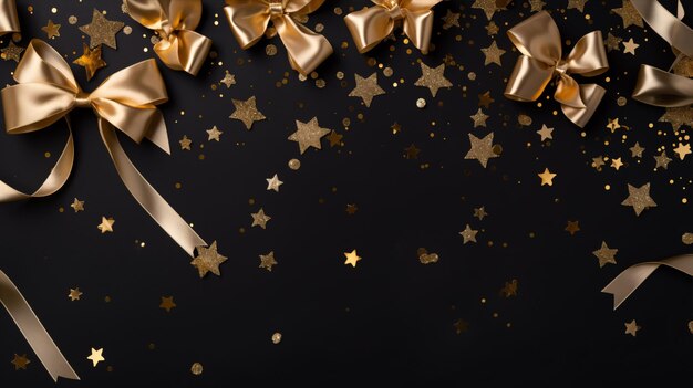 Een feestelijke mengeling van confetti sterren gouden strookjes en bogen op een donkere achtergrond weergegeven plat