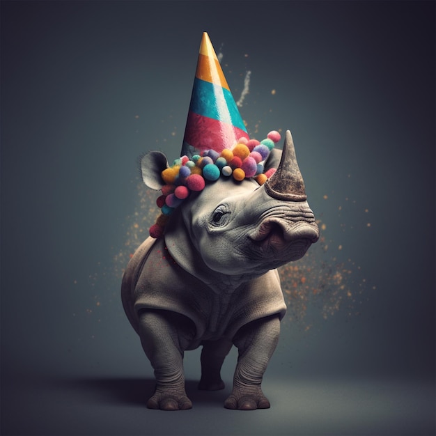 Een feestelijke neushoorn die ballonnen draagt