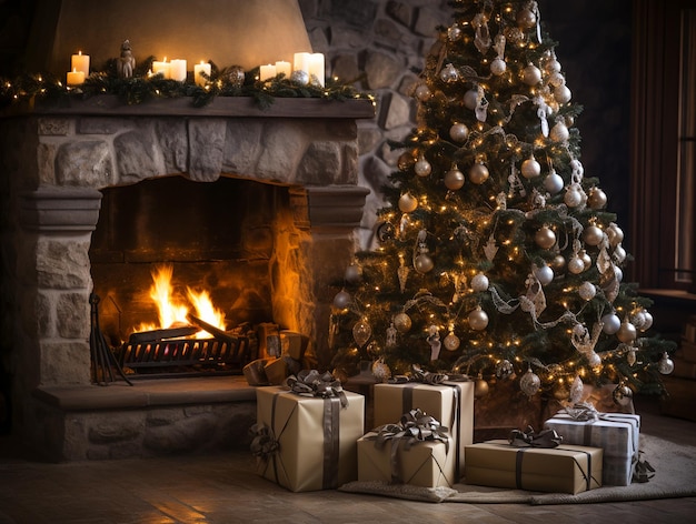 Een feestelijke open haard en een sierlijke kerstboom