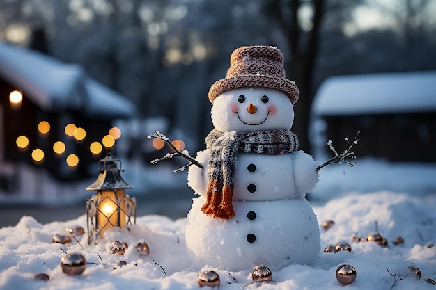 Foto een feestelijke sneeuwman en een winterbosbeeld op de achtergrond met sneeuw