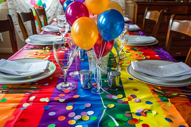 Foto een feestelijke tafel met een regenboog tafeldoek kleurrijke borden zilveren bestek witte servetten regenboeg
