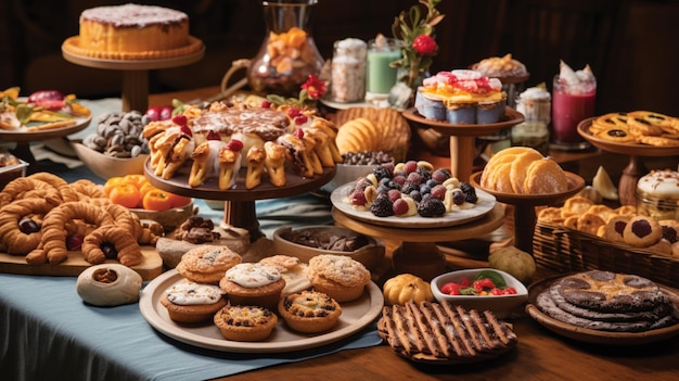 een feestelijke tafel met gebakken goederen in verschillende vormen en kleuren