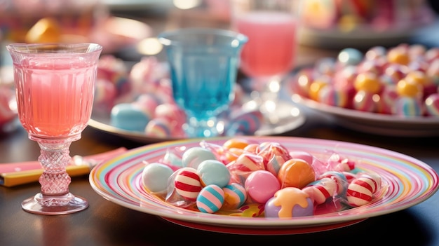 Een feestelijke tafel met kleurrijke snoepjes en drankjes op levendige servies