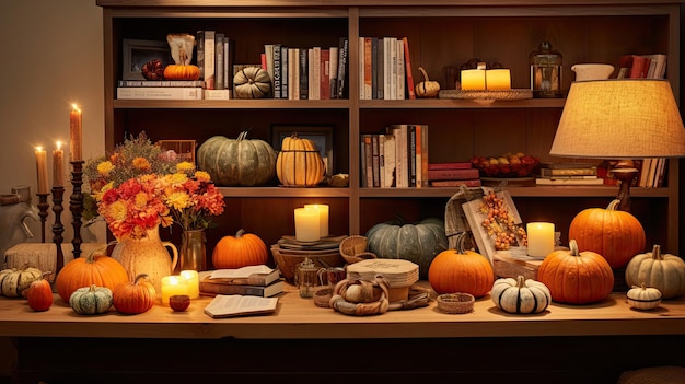 Een feestelijke Thanksgiving-tafel met een overvloed aan pompoenen en kaarslicht