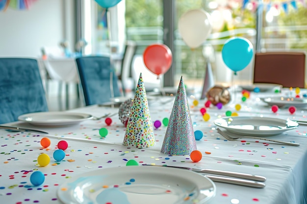 Foto een feestelijke verjaardagstafel met feesthoeden, ballonnen en confetti.