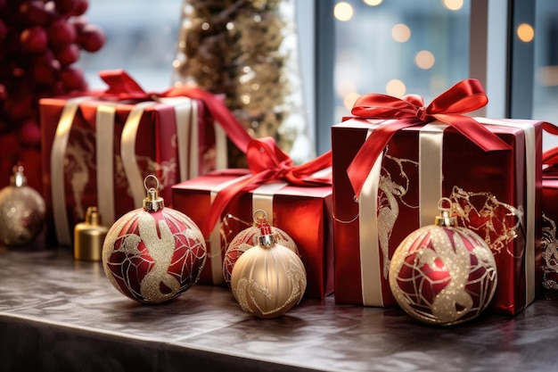 Een feestelijke verzameling ingepakte cadeaus, gerangschikt op een tafelblad. Bovenaanzicht van handgemaakte cadeaupakketten, trendy boomversieringen, rode en gouden ballen, AI gegenereerd