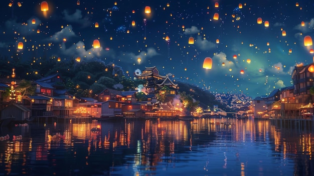 Een feestfeest met kleurrijke drijvende lantaarns die de nachtelijke hemel verlichten en vreugde en feestelijkheid verspreiden