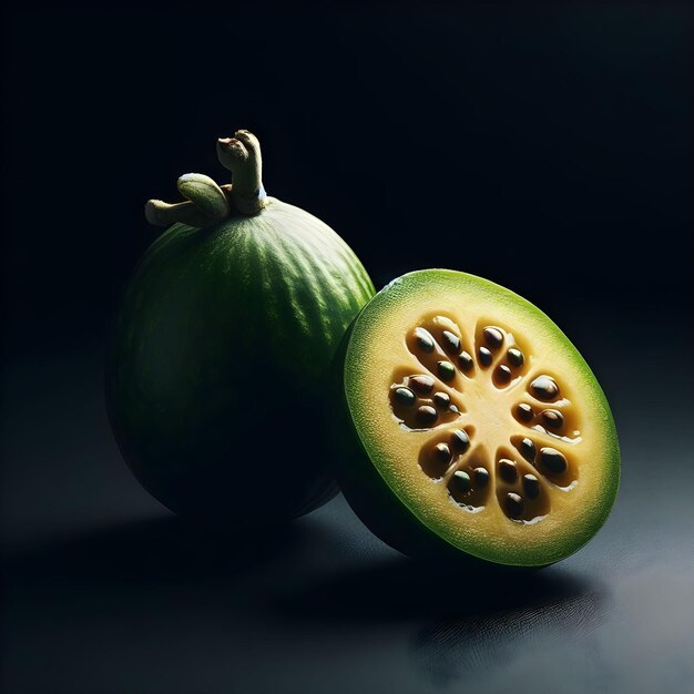 Een feijoa en een halve snee op een zwart oppervlak met een donkere achtergrond