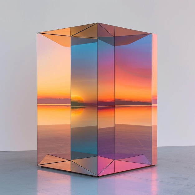 een felgekleurd glazen beeld op een vloer met een zonsondergang op de achtergrond generatieve ai
