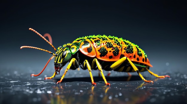 Een felgekleurd insect op tafel