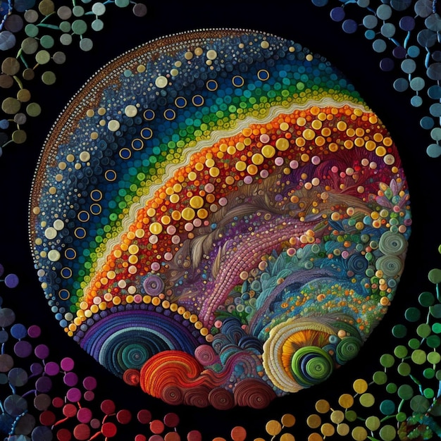 een felgekleurd kunstwerk van een regenboog van cirkels en stippen generatieve ai