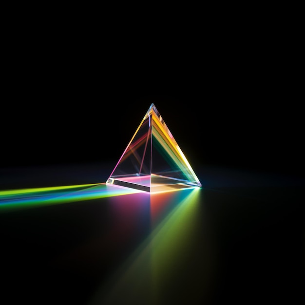 Foto een felgekleurd prisma op een zwart oppervlak met een lichtstraalgenerator ai