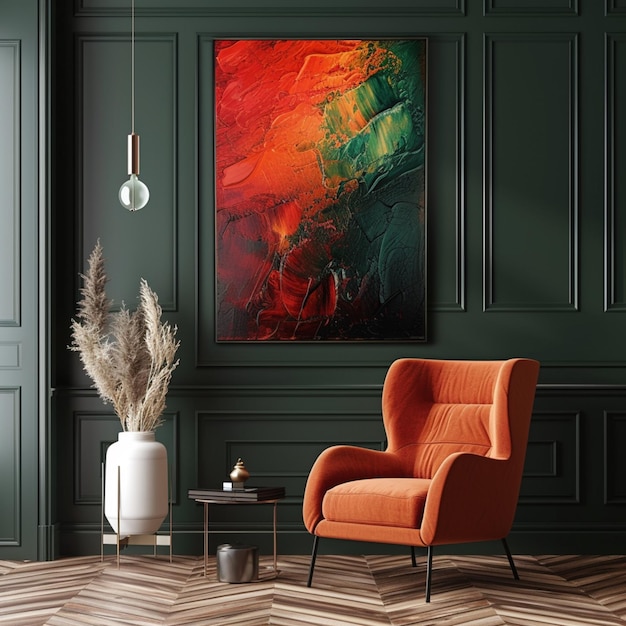 een felgekleurd schilderij hangt boven een moderne oranje stoel in een groene kamer generatieve ai