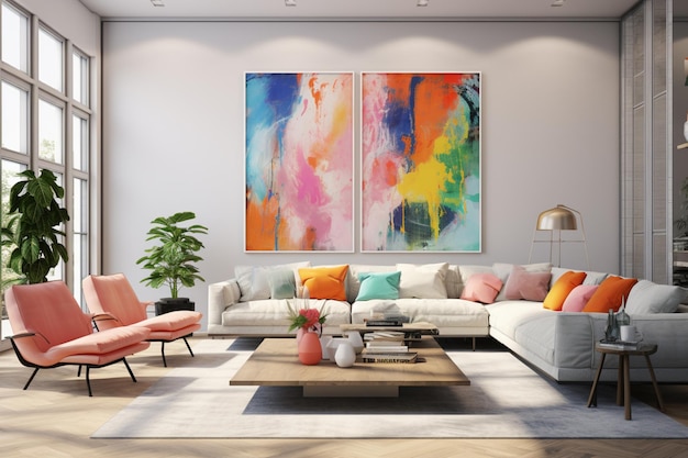 een felgekleurd schilderij hangt boven een witte bank in een woonkamer generatieve ai