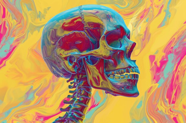 Foto een felgekleurd schilderij met een gedetailleerde afbeelding van een skelet tegen een levendige achtergrond een psychedelische interpretatie van een whiplash verwonding ai gegenereerd