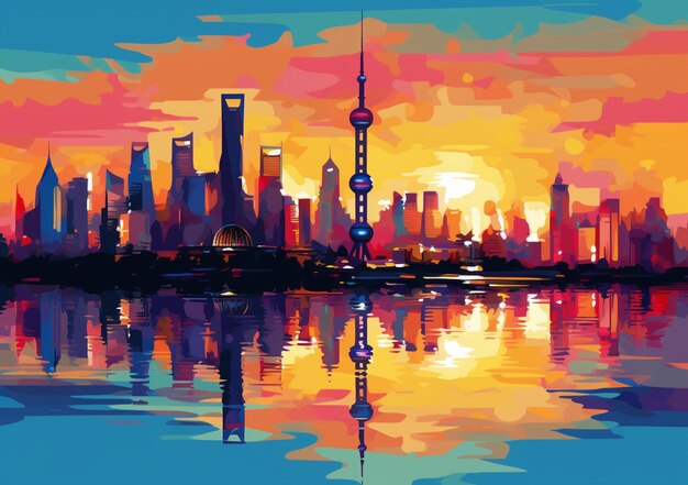 Een felgekleurd schilderij van een stads skyline met een meer generatieve ai