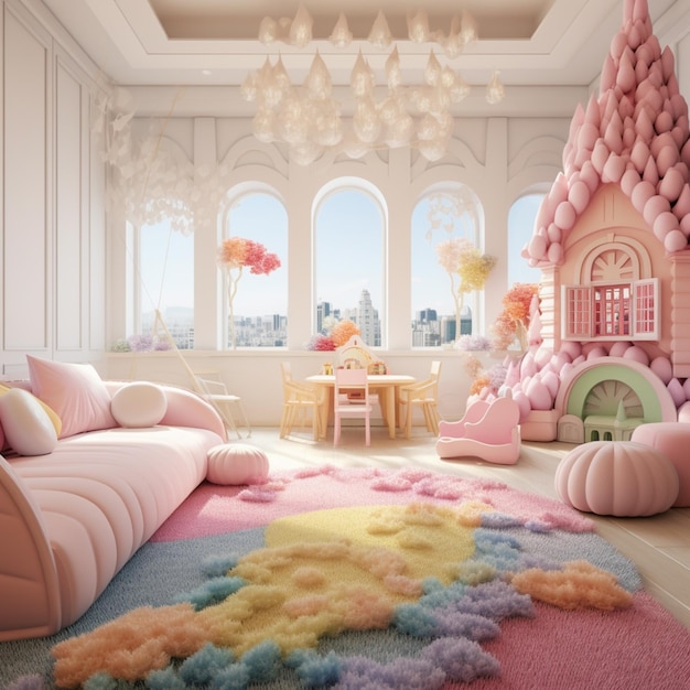 een felgekleurd tapijt in een kamer met een kasteel en een tafel generatieve ai