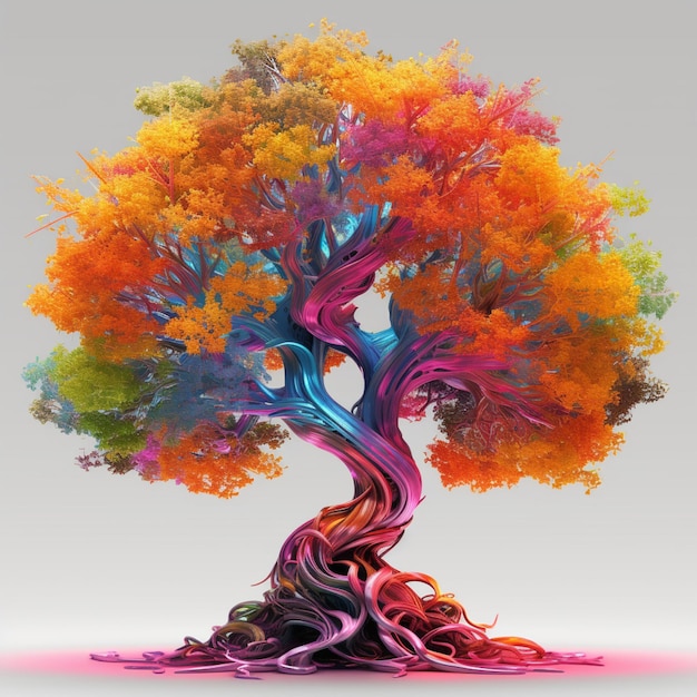 Een felgekleurde boom met een gedraaide stam en wortels generatieve ai
