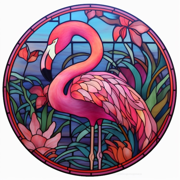 Foto een felgekleurde flamingo in een glas-in-lood cirkel met bloemen generatieve ai