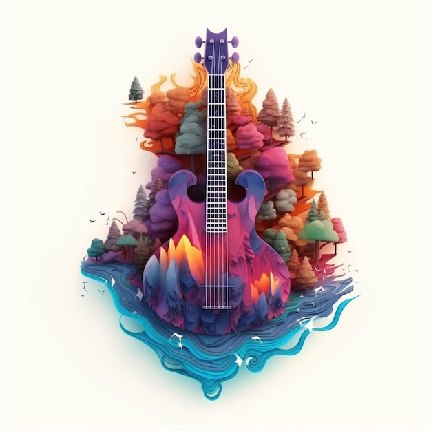 een felgekleurde gitaar met een berg op de achtergrond generatieve ai