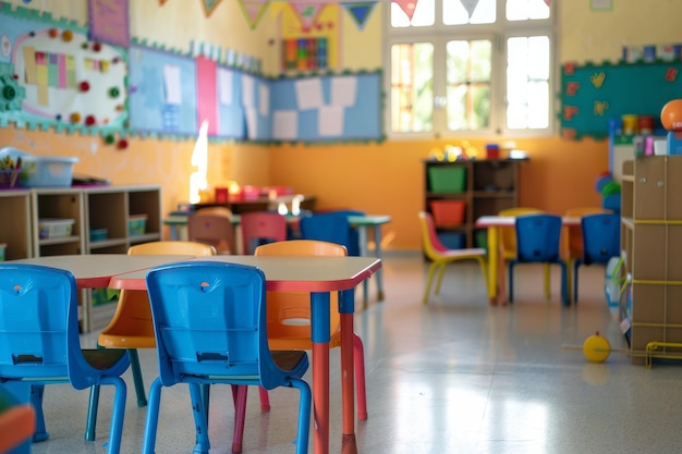 Een felgekleurde klas met veel stoelen en tafels.