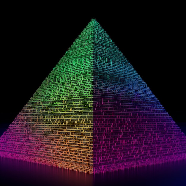Foto een felgekleurde piramide van bakstenen op een zwarte achtergrond generatieve ai