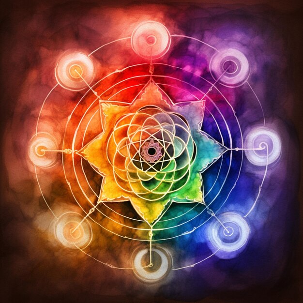 Foto een felgekleurde roos omringd door cirkels en spiralen op een donkere achtergrond generatieve ai