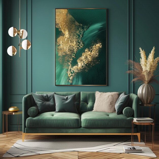 een felgekleurde woonkamer met een groene bank en een goud ingericht schilderij generatieve ai