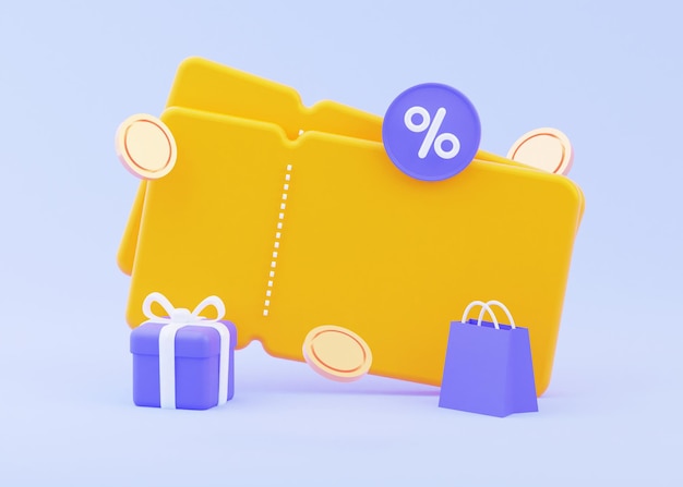 Een felgele coupon met een geschenk en verspreide munten Verkoop met online promotiecode