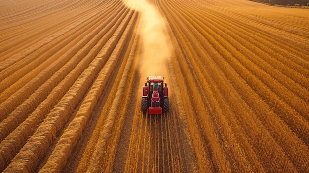 Een felrode tractor rijdt door de weelderige velden.