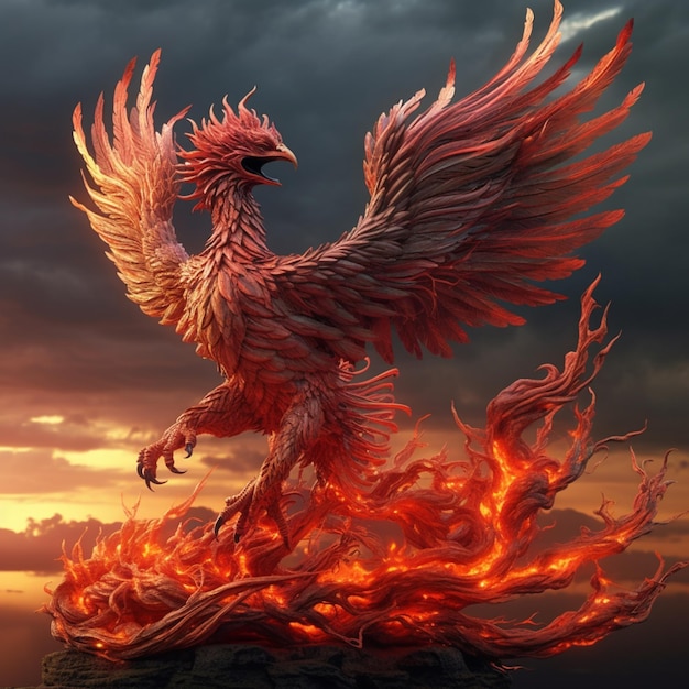 Een feniksvogel met uitgespreide vleugels wordt omringd door vlammen.