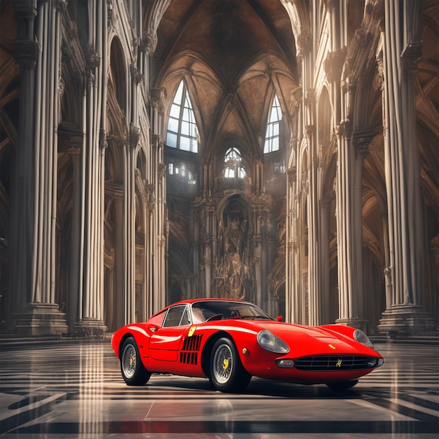 Een Ferrari 246 uit 2023 in de Duomo van Milaan Perfecte compositie Prachtig gedetailleerd Ingewikkeld waanzinnig detail