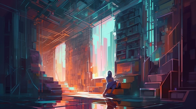 Een fictief personage dat in een futuristische stad woont Het lichaam van de avontuurlijke jongen is opgebouwd uit kleurrijke blokken