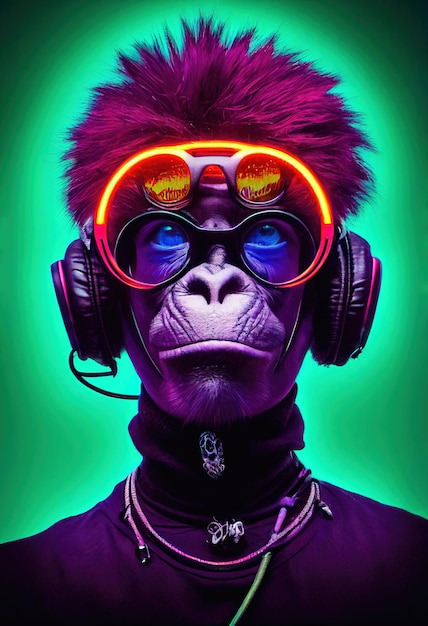Een fictief portret van een punk-aap met een koptelefoon en kleurrijk haar Een hipster-aap