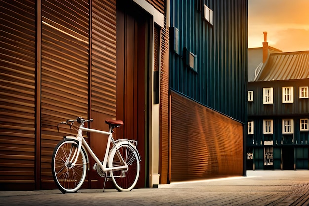 Een fiets geparkeerd buiten een gebouw met een blauwe muur erachter.