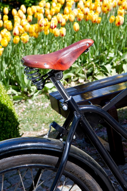 Een fiets in de buurt van tulp