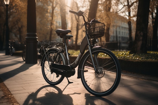 Een fiets in een park met een mand voorop