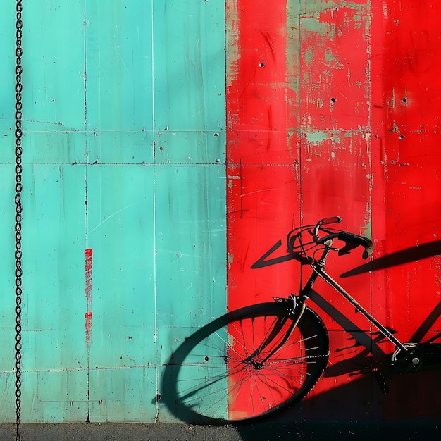 een fiets is geparkeerd tegen een rode en blauwe muur