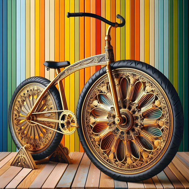 Foto een fiets is op een houten vloer met een kleurrijk behang erachter