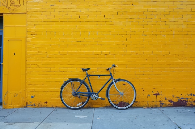 een fiets leunt tegen een gele baksteenmuur met een bakstenenmuur erachter