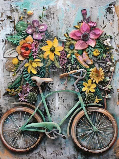 een fiets met bloemen erop is versierd met bloemen en bloemen