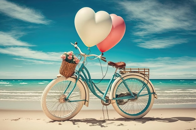 Een fiets met een mand vol ballonnen op het strand een ingekleurde foto vintage thema