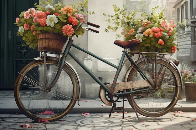 Een fiets met een mandje bloemen erop.