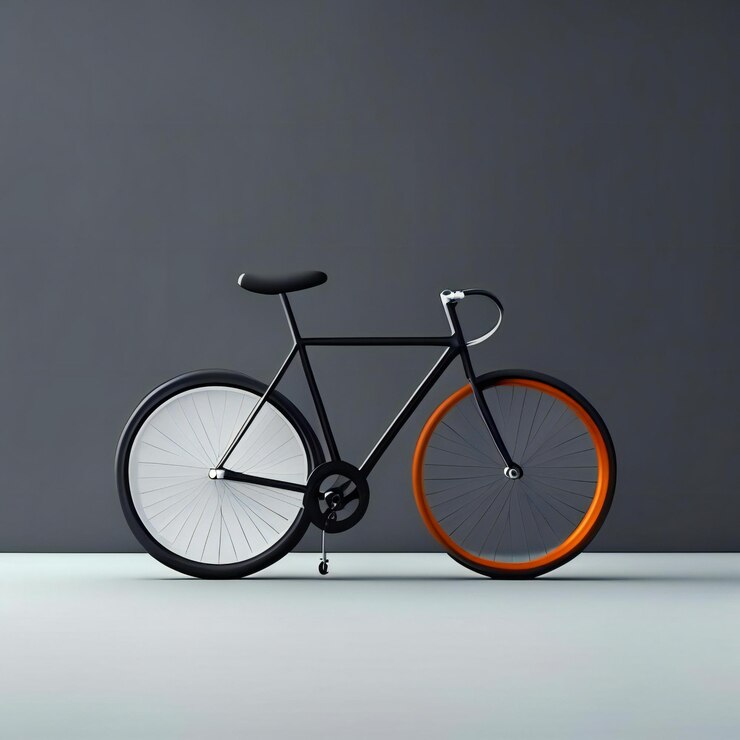 Foto een fiets met oranje velgen en een zwart frame met een witte velg.