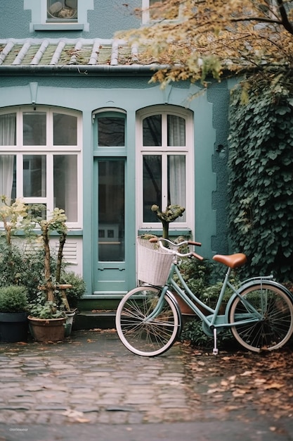 een fiets staat buiten een klein stenen huisje