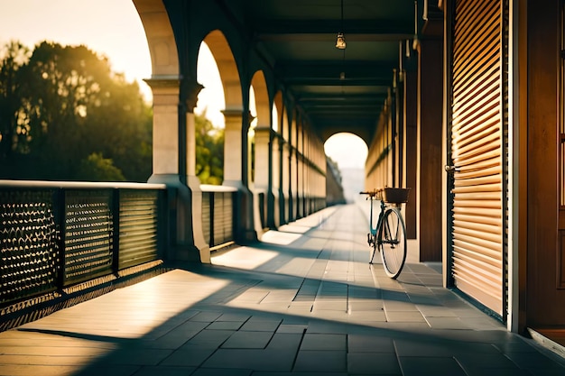 Een fiets staat geparkeerd op een loopbrug voor een gebouw met een zon die op de muur schijnt.